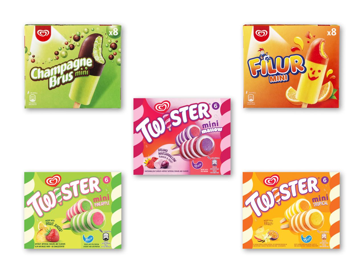 En række forskellige ispinde fra Twister og andre mærker i forskellige smagsvarianter.