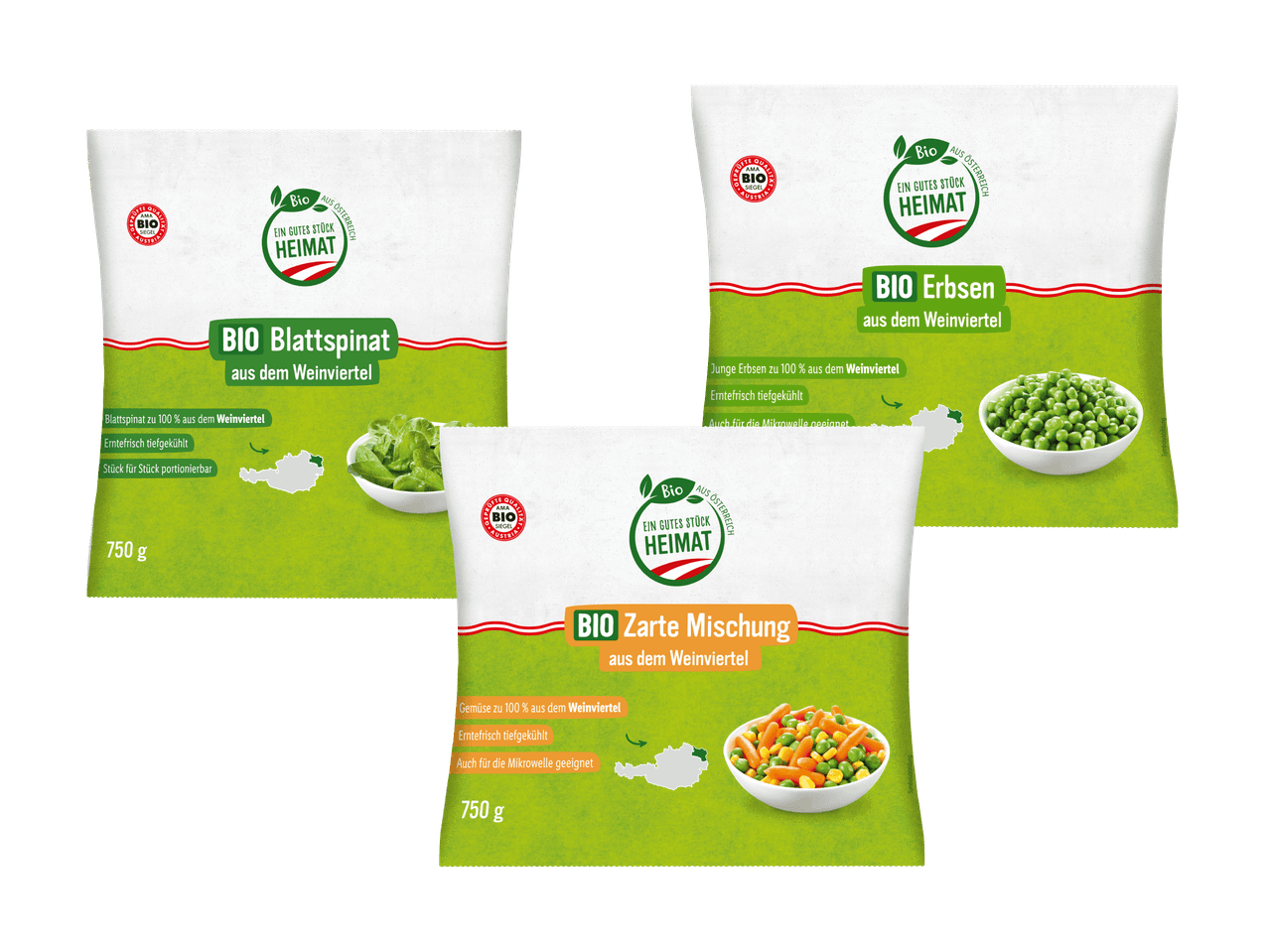 Drei Packungen Bio-Tiefkühlgemüse: Blattspinat, Erbsen und eine zarte Gemüsemischung aus dem Weinviertel.