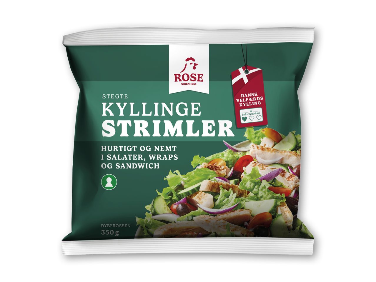 Pose med stegte kyllingestrimler fra Rose, klar til salater, wraps og sandwich.