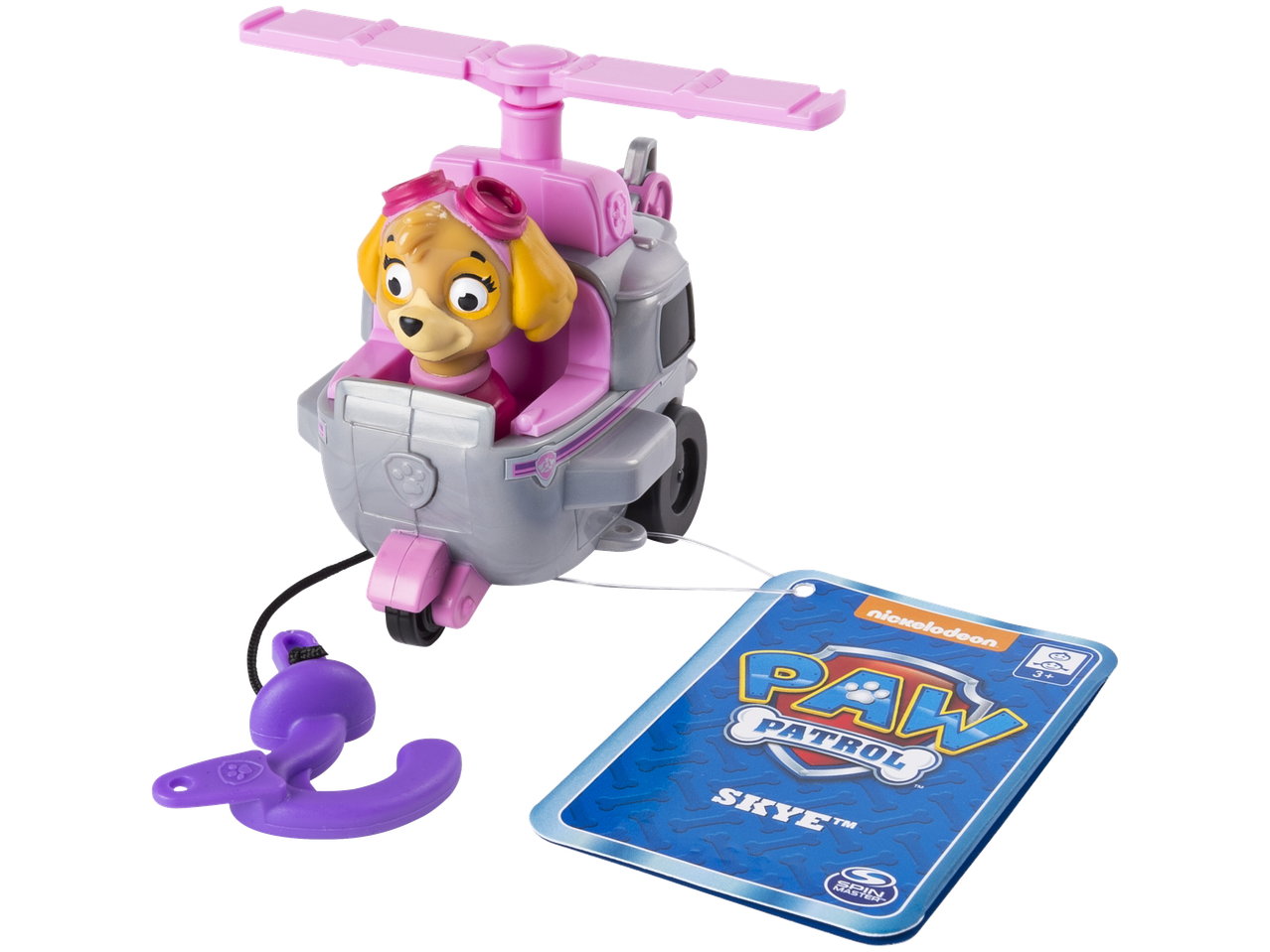 Paw Patrol Skye figūrėlė su sraigtasparnio transporto priemone ir etikete.