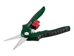 Green and black garden shears with a red safety lock and silver blades.