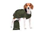 En Beagle hund iført en olivengrøn Zoofari hundejakke med matchende opbevaringstaske.