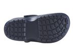 Bottom view of a dark blue plastic clog with a textured sole.
