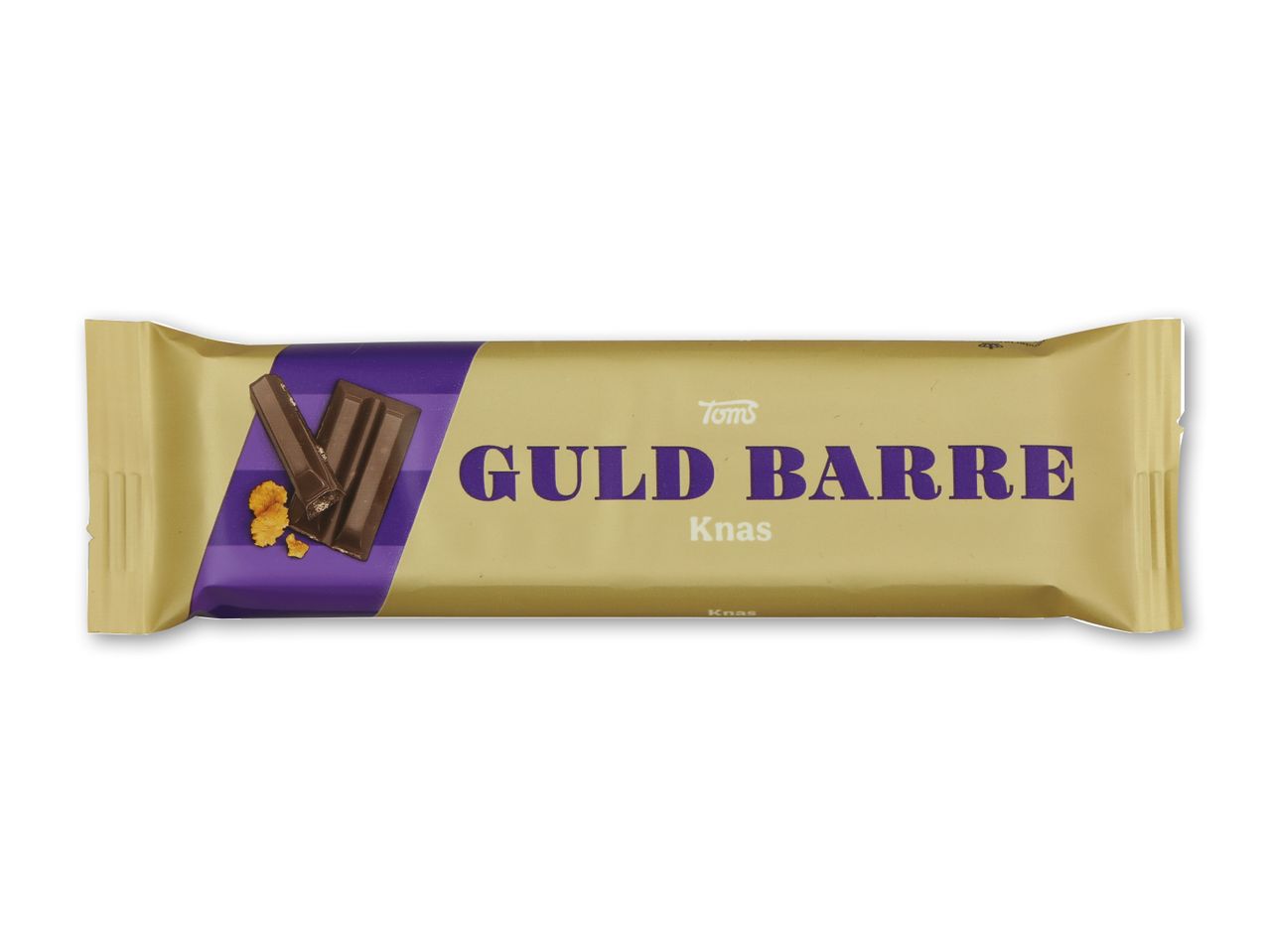 Guldbarre chokolade med knas i en guldpakke med lilla striber.