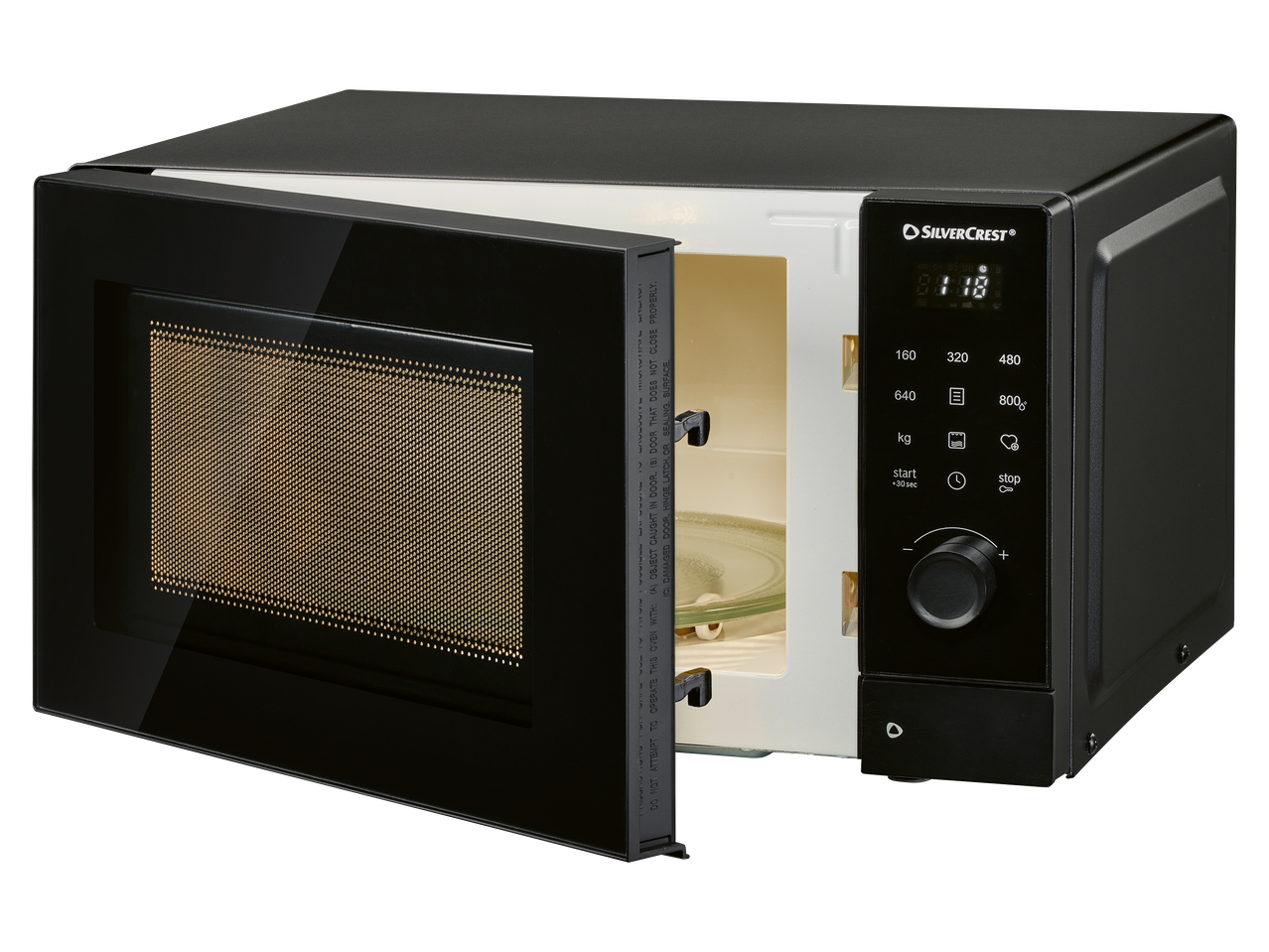 Fekete mikrohullámú sütő nyitott ajtóval, digitális kijelzővel és vezérlőgombokkal.