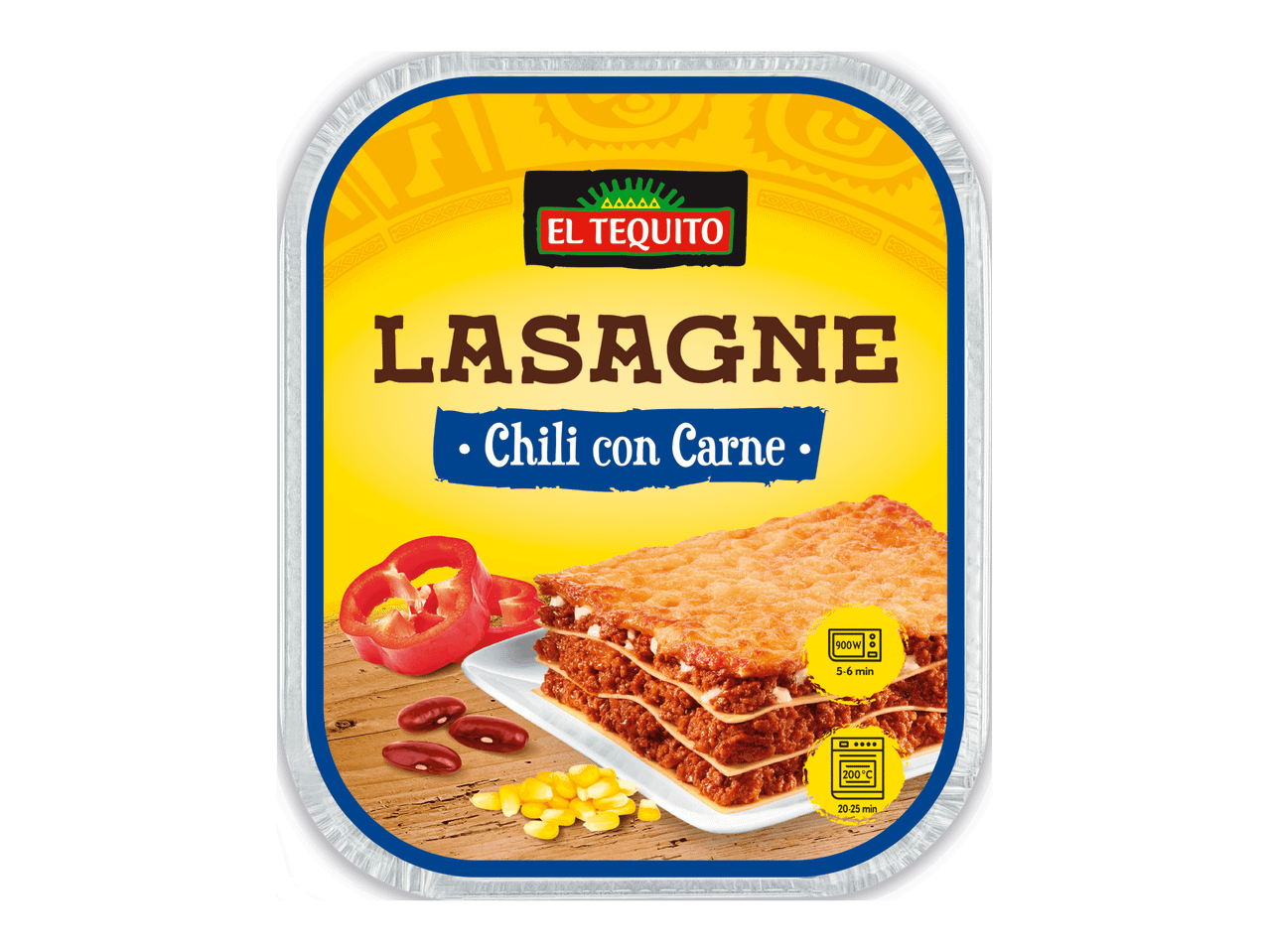El Tequito Lasagne Chili con Carne -pakkaus, jossa on valmistusohjeet.