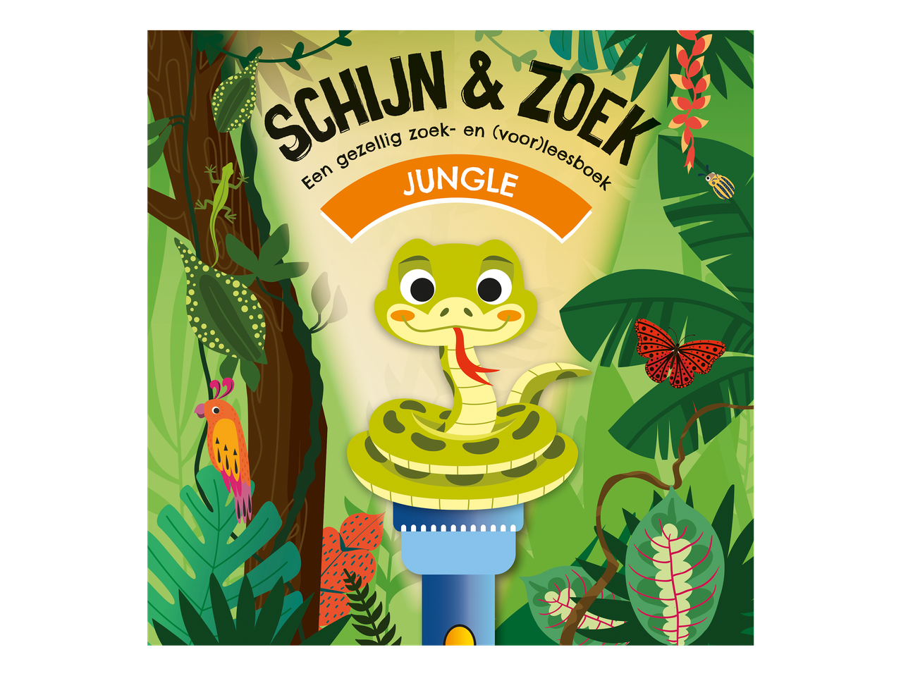 Kleurrijk kinderboek 'Schijn & Zoek - Jungle' met een slang op de kaft.