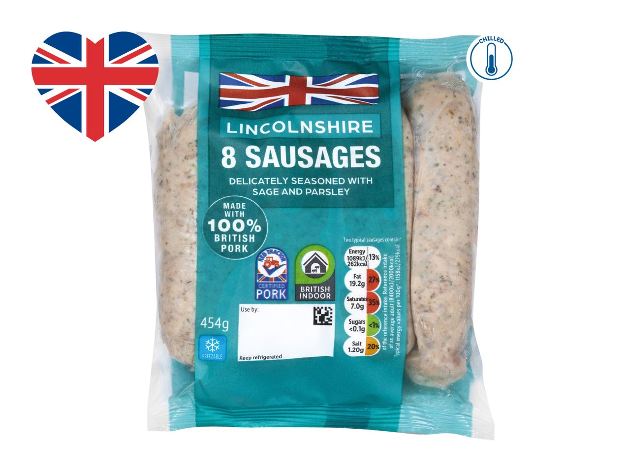 Pack of 8 Lincolnshire sausages, made with 100% British pork, seasoned with sage and parsley.