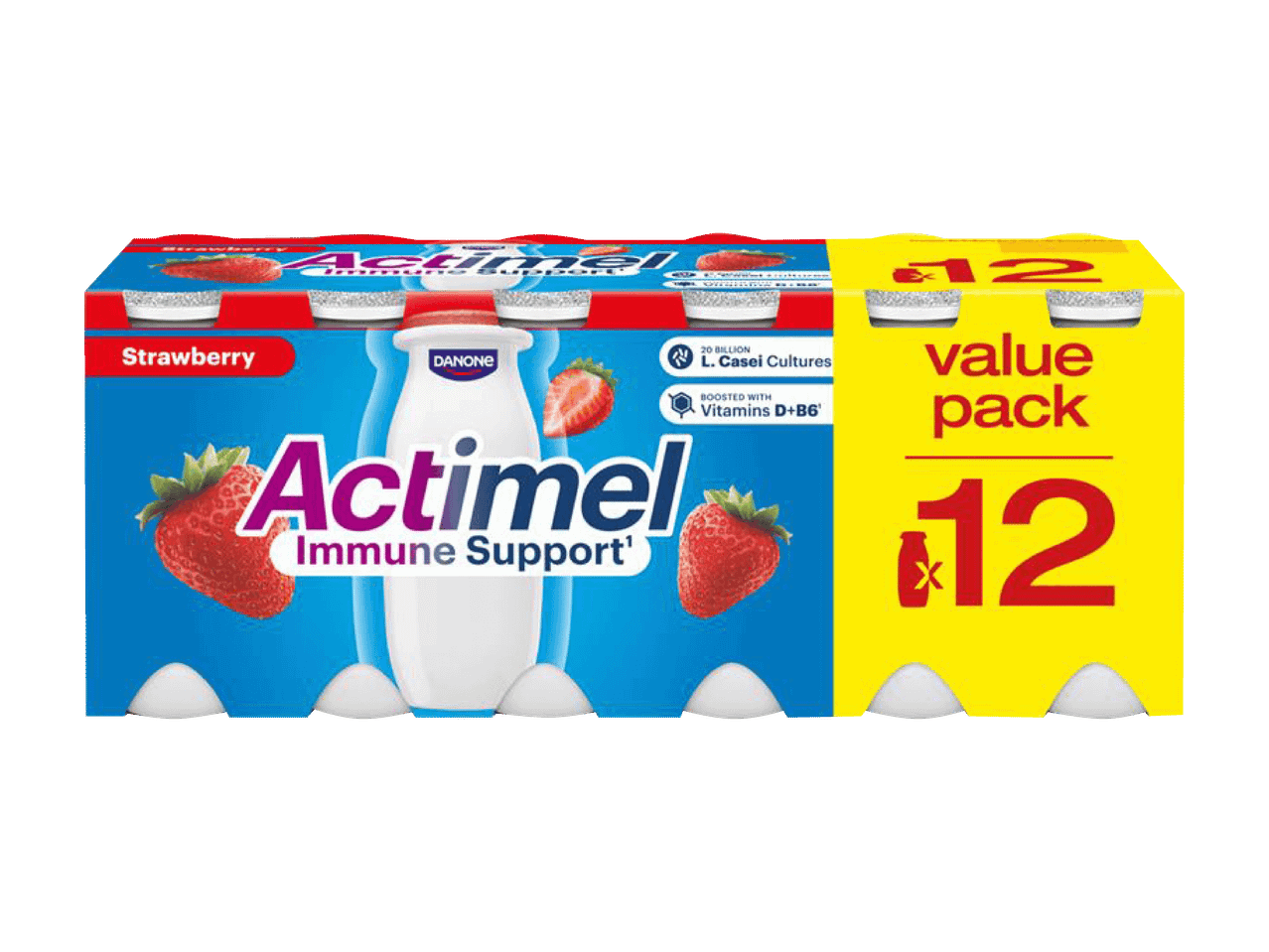 Danonen Actimel Immune Support -maustamattomia jogurtteja, mansikka, 12 kpl pakkaus.