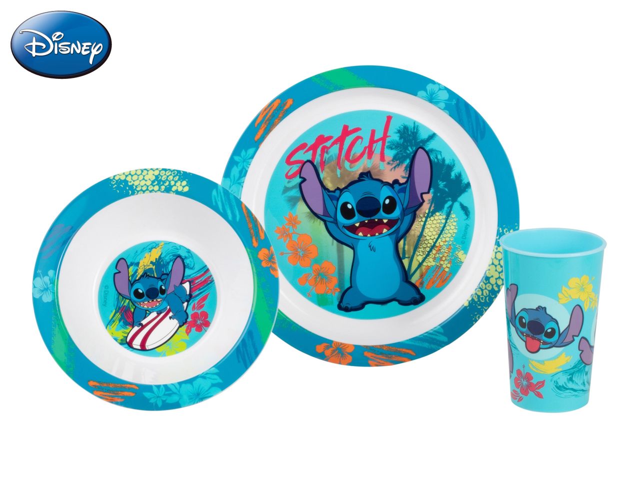 Disney Stitch children's 3-piece melamine dinner set: plate, bowl, and cup.