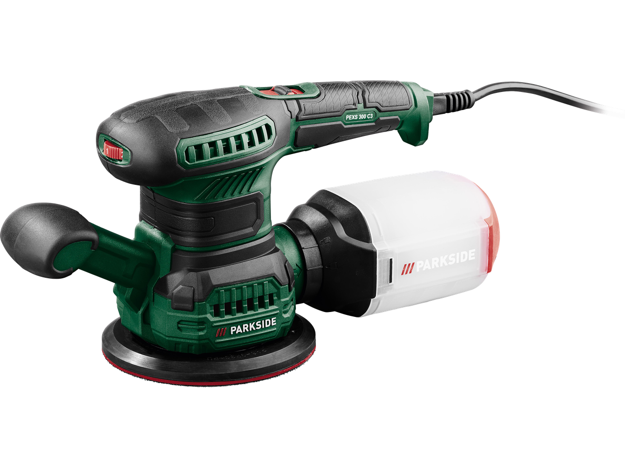 Zöld és fekete színű, vezetékes excentercsiszoló, fehér porgyűjtő tartállyal.