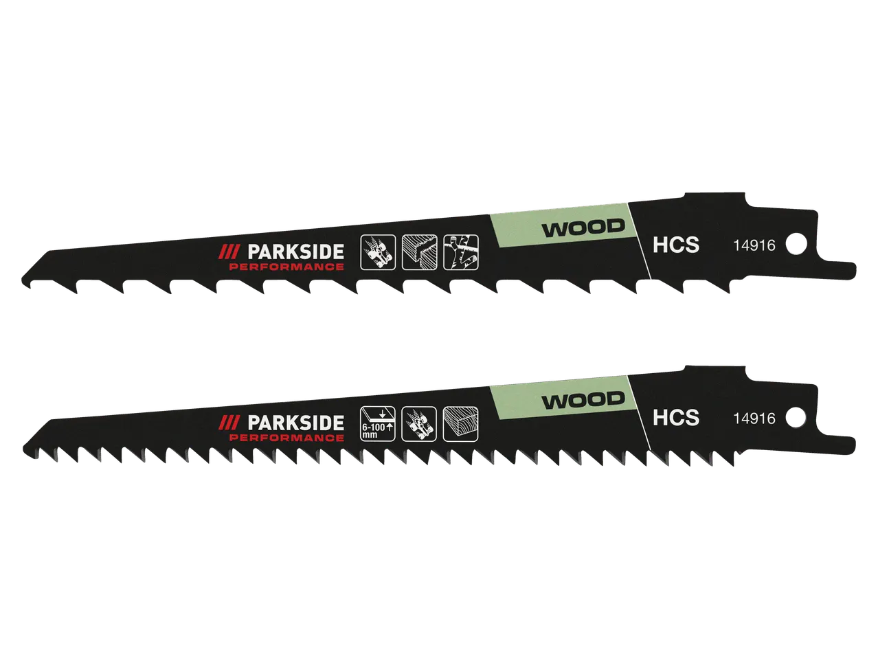 Du Parkside® Performance pjūklų geležtės medienai, su HCS ir 14916 žymėjimais.