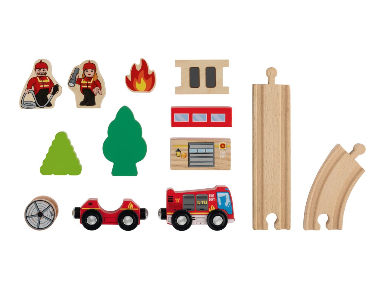 Wooden fire station toy set with firefighters, fire truck, trees, fire, and train tracks.