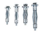 Four metal hollow wall anchors of varying sizes, with screws and washers, on a white background.