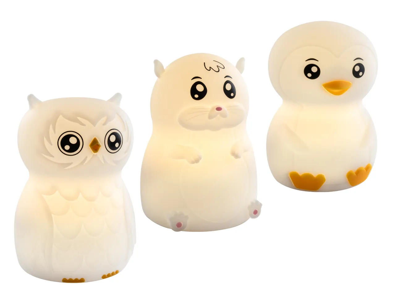 Drei leuchtende Nachtlichter in Form einer Eule, eines Hamsters und eines Pinguins.