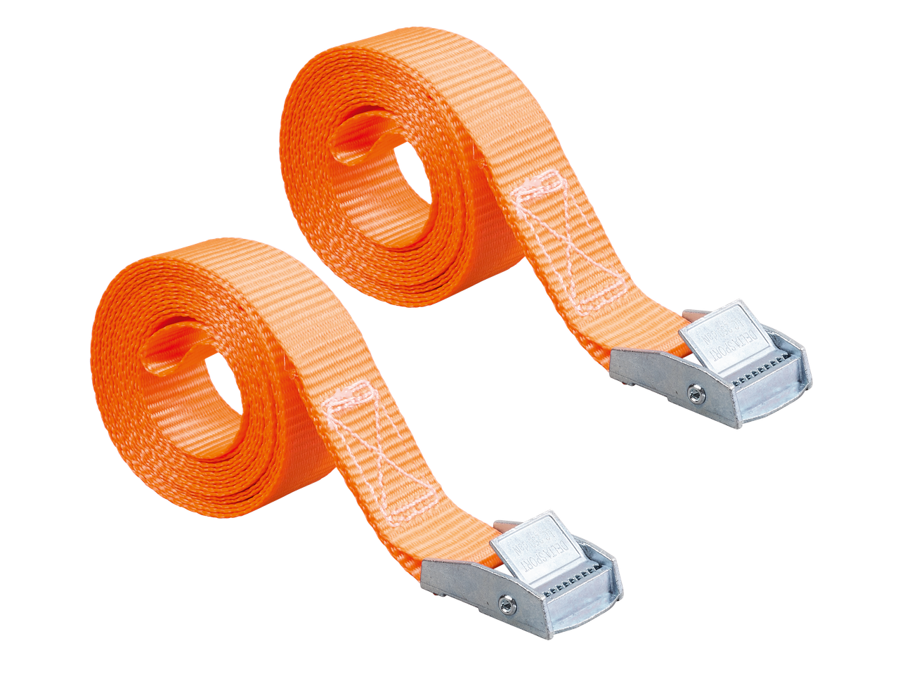 Dvi oranžinės Ultimate Speed® diržai su metalinėmis sagtimis, susukti.