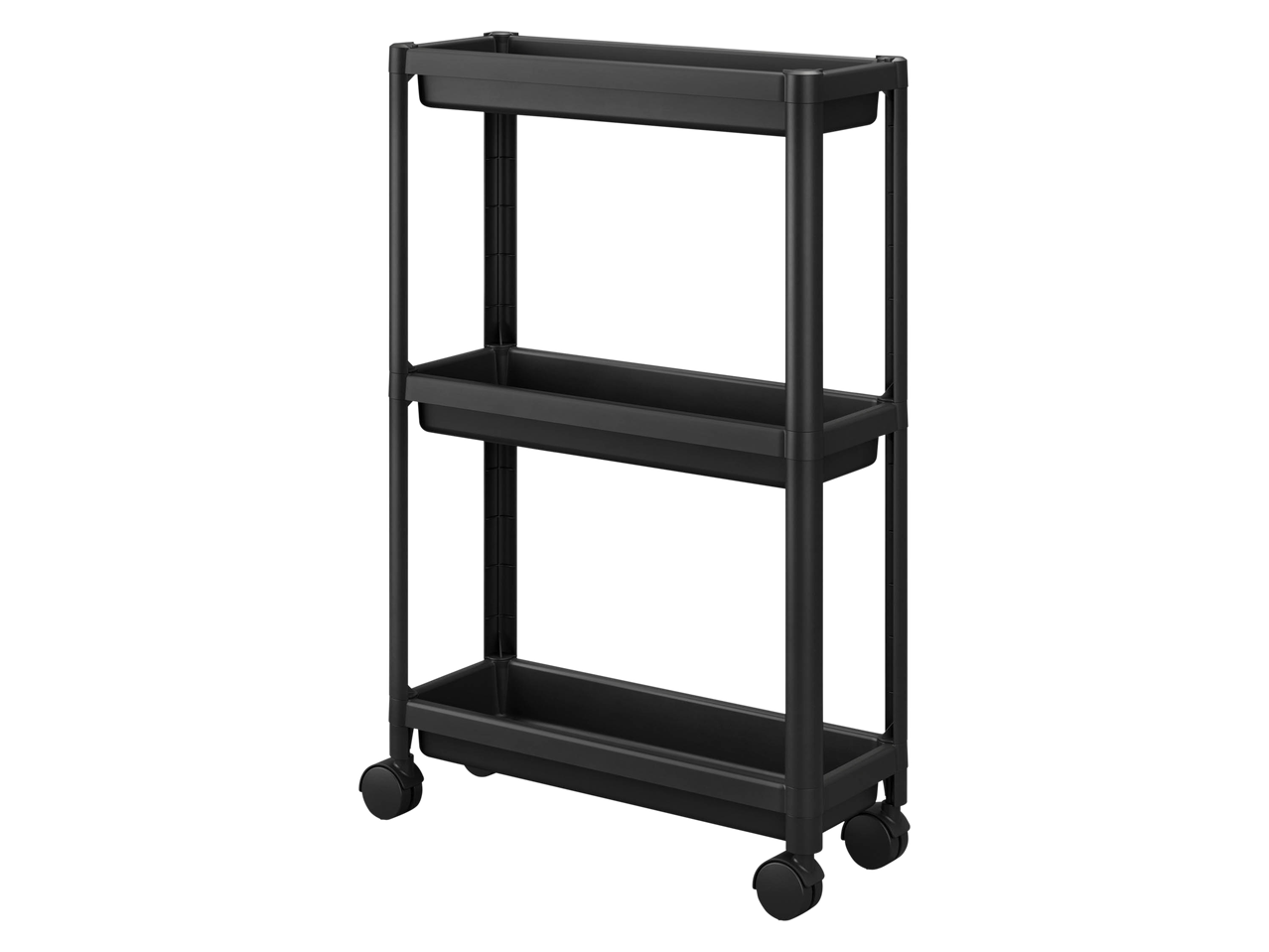 Black 3-tier rolling storage cart with narrow shelves.