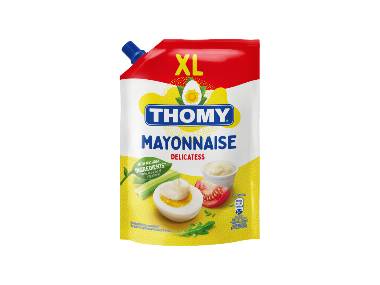 XL pakovanje majoneza sa prirodnim sastojcima, ukrašeno jajima, paradajzom i celerom.