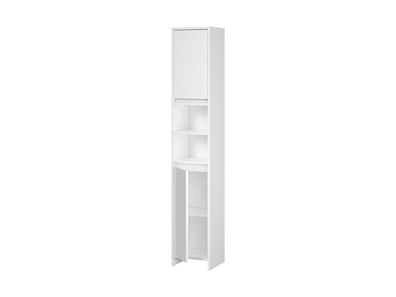 White tall bathroom cabinet with a closed top compartment and open shelves below.