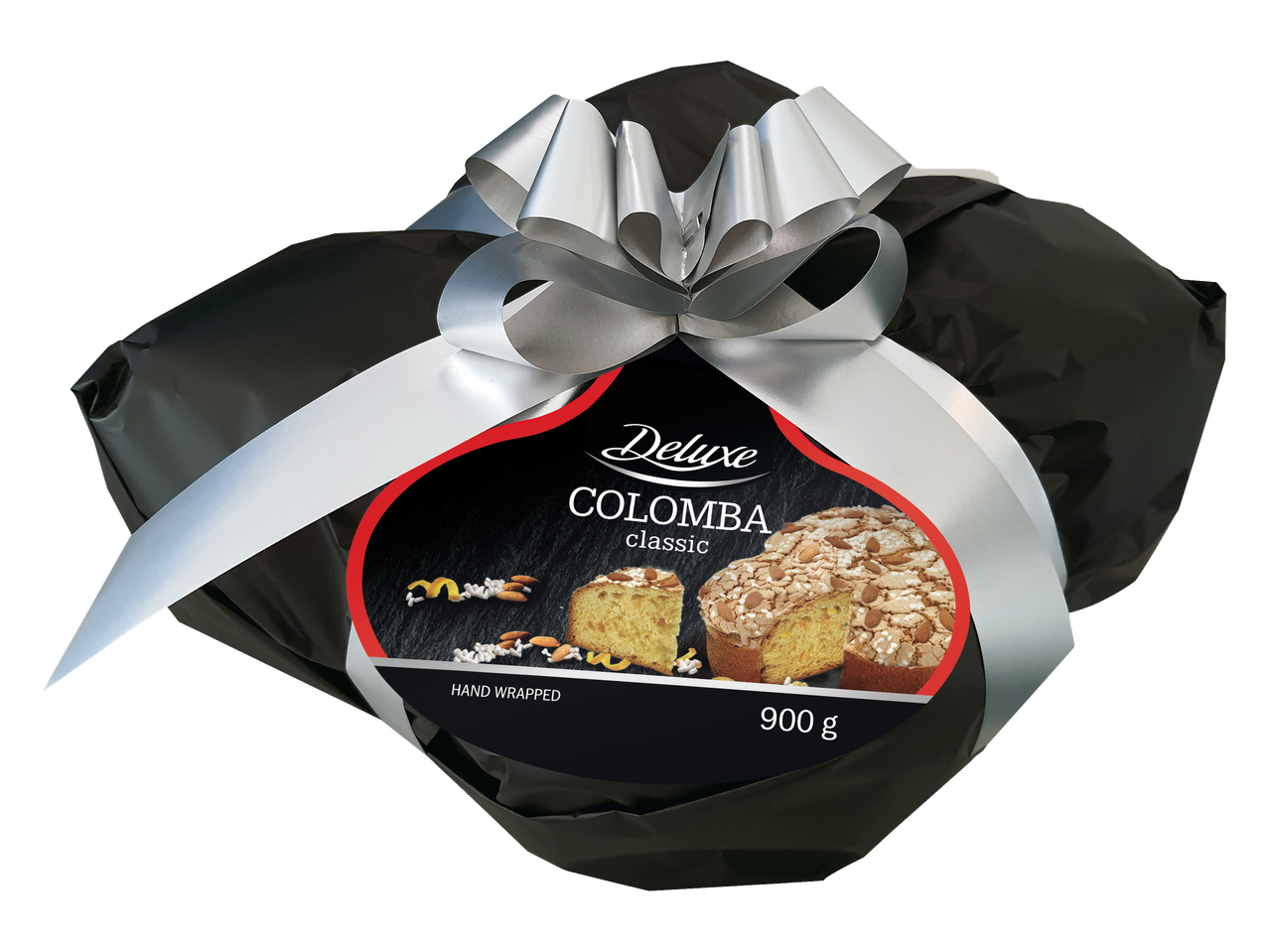 Deluxe Colomba Classic, svētku maize melnā iepakojumā ar sudraba lenti, 900 g.