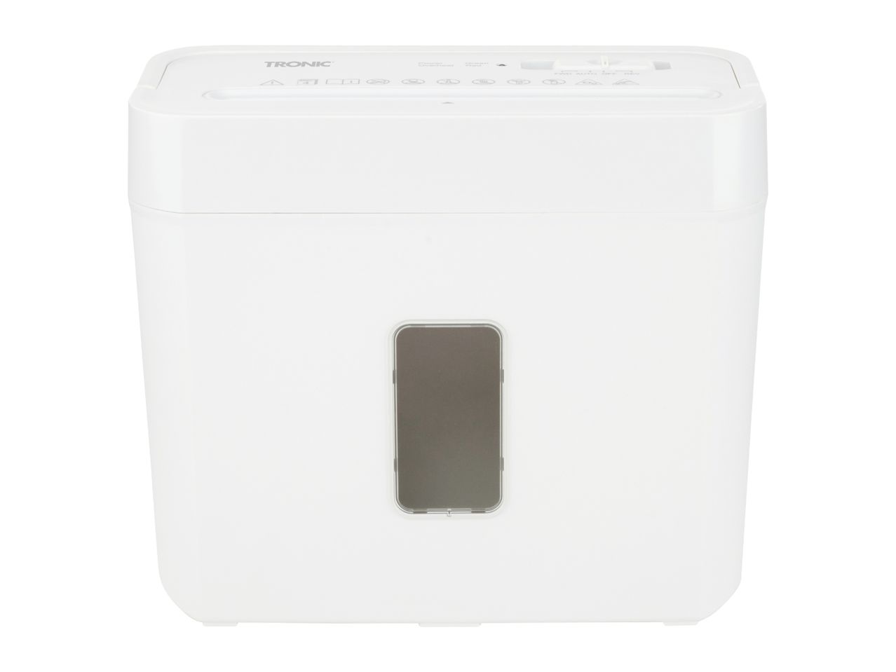White paper shredder with a transparent window, featuring control buttons and indicators on top.