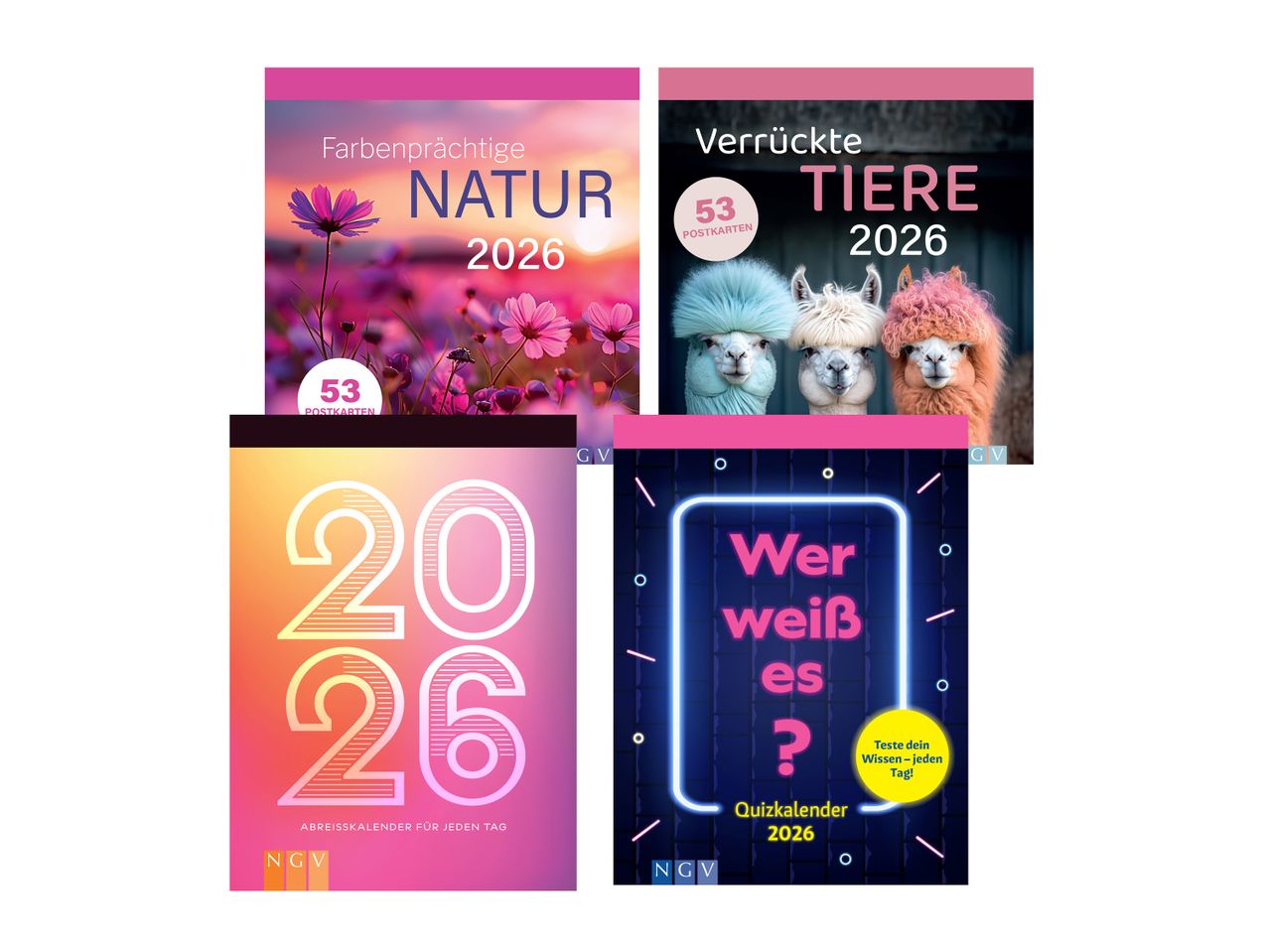 Vier Kalender für 2026: Farbenprächtige Natur, Verrückte Tiere, Abreißkalender und Quizkalender.