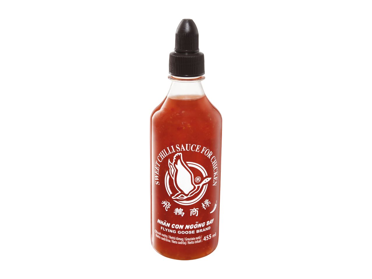 A bottle of sweet chili sauce for chicken, with a flying goose logo and 455ml volume.