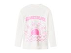 White long-sleeve rash guard with a pink 'SUNSET BEACH' graphic and sun design.