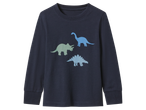 Sötétkék, hosszú ujjú kisfiú póló három színes dinoszaurusz mintával.