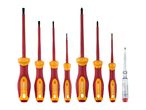 A set of insulated screwdrivers in various sizes, including flathead and Phillips, with a voltage tester.