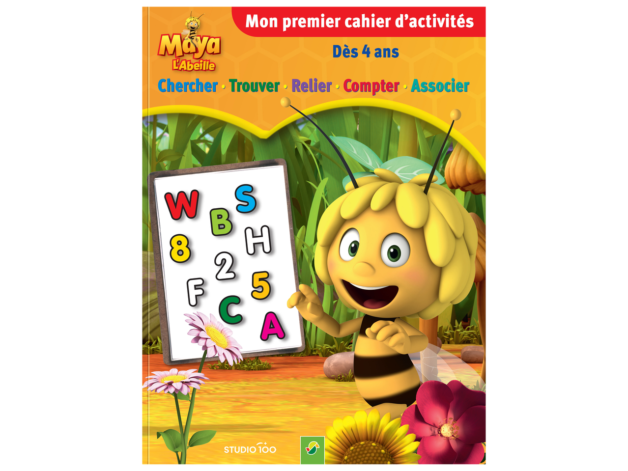 Couverture de cahier d'activités pour enfants avec une abeille et des lettres colorées.