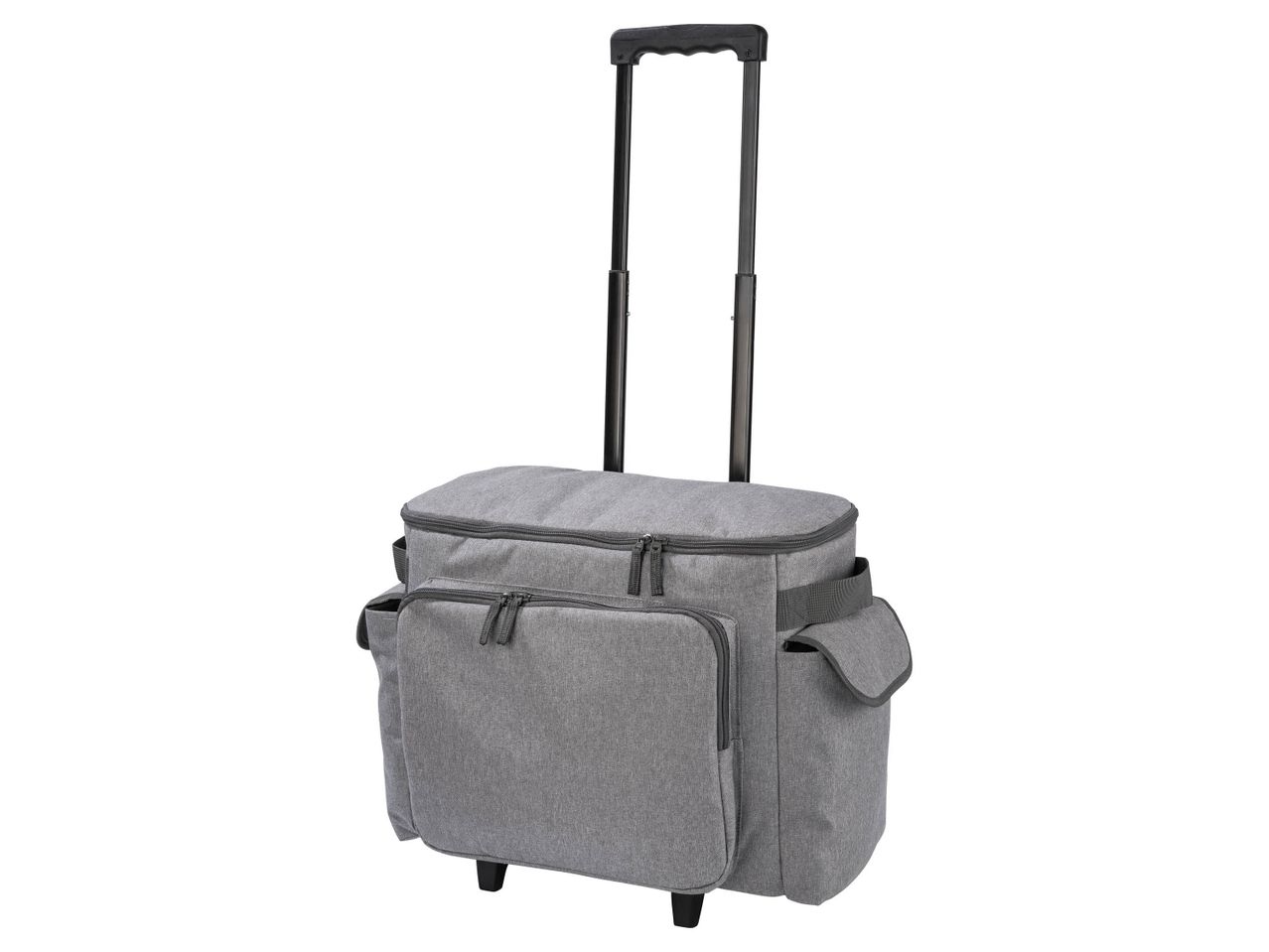 Gray rolling craft tote with an extendable handle and multiple pockets.