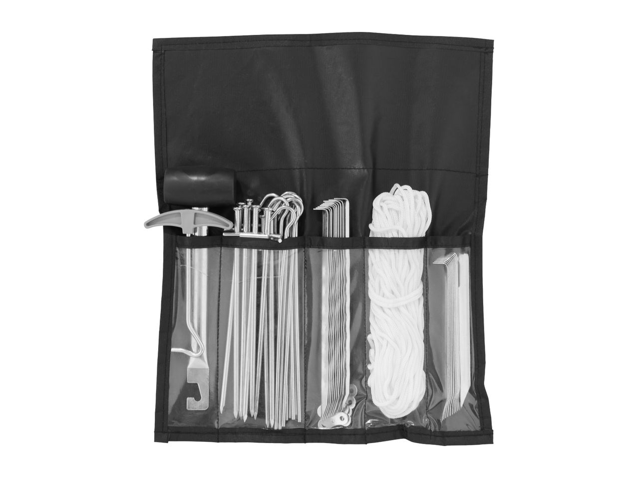 A black carrying case holds a tent peg set with mallet, rope, and various pegs.