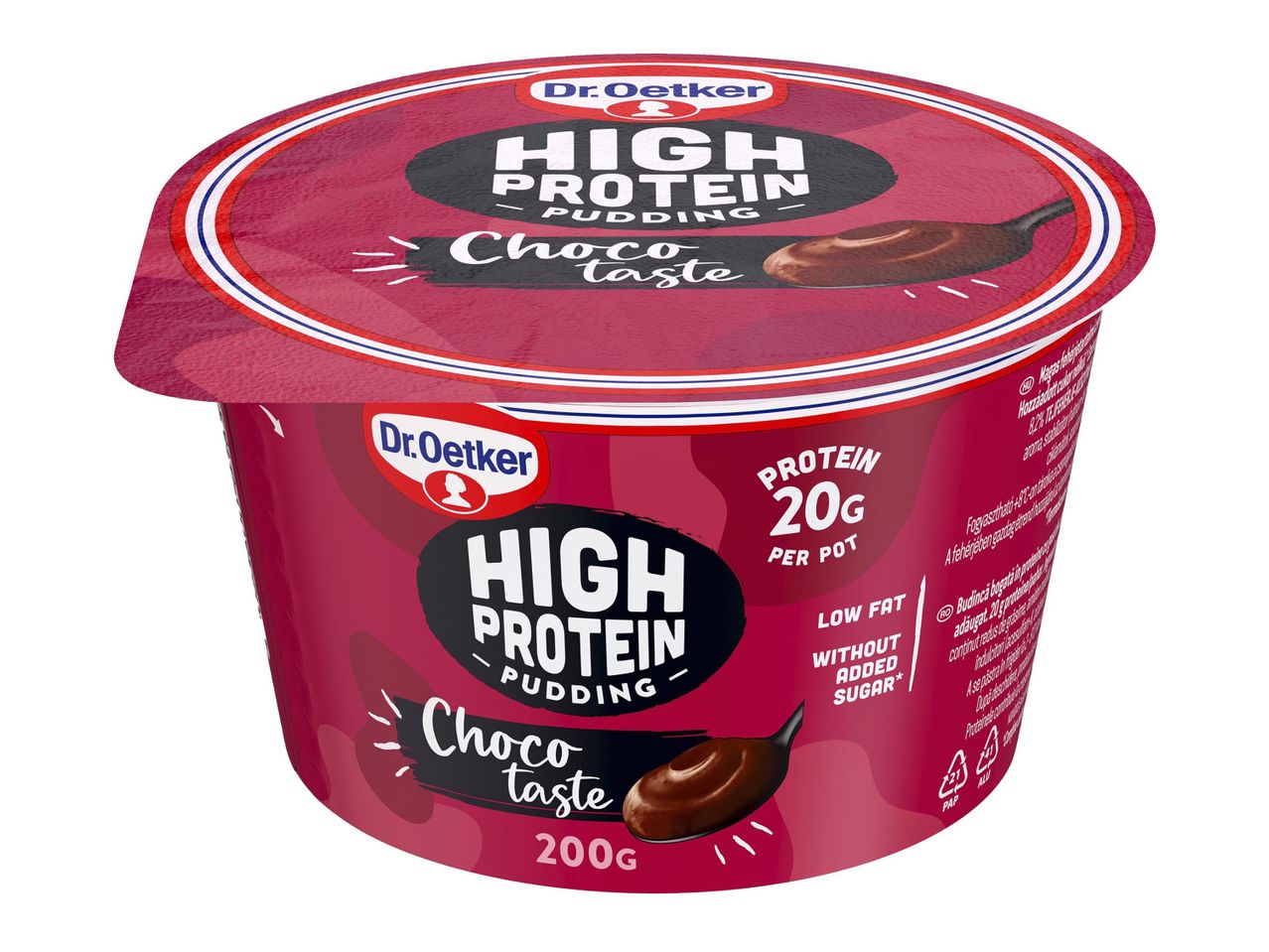 Dr. Oetker High Protein csokoládé ízű puding, 20g fehérjével, alacsony zsírtartalommal, hozzáadott cukor nélkül.