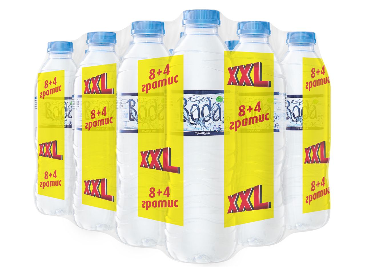 Опаковка от бутилки с вода, с етикети „XXL“ и „8+4 гратис“.