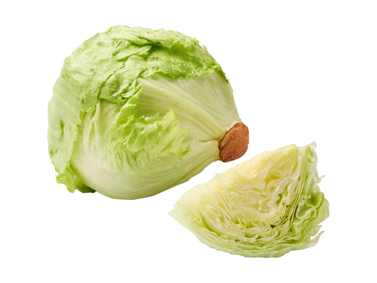 A whole head of iceberg lettuce and a quarter-cut piece of lettuce.