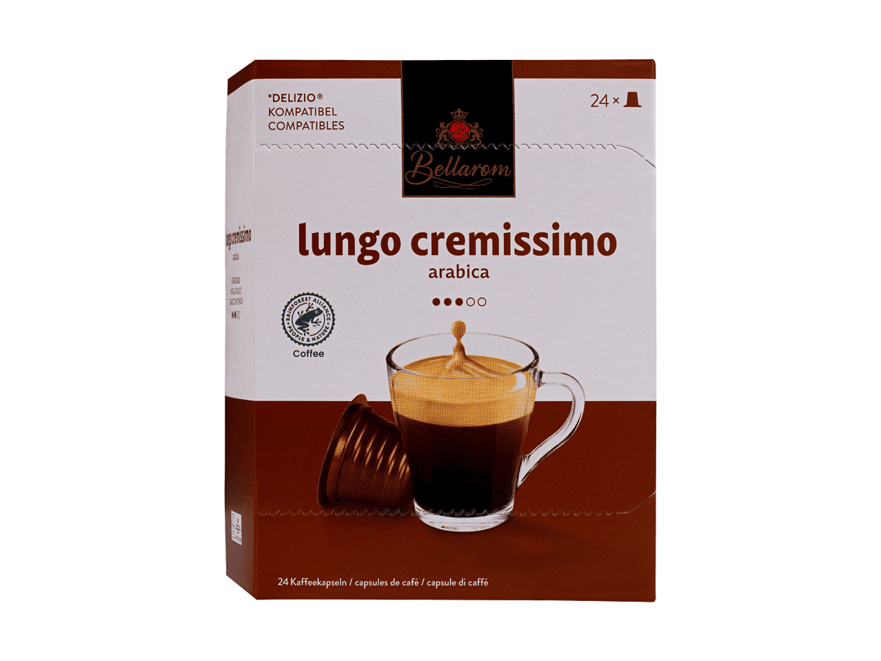 Schachtel Bellarom Lungo Cremissimo Arabica Kaffeekapseln, 24 Kapseln.