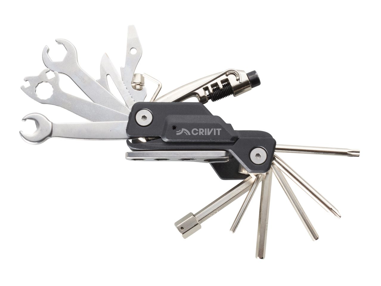 Crivit multi-tool with various wrenches and screwdrivers.