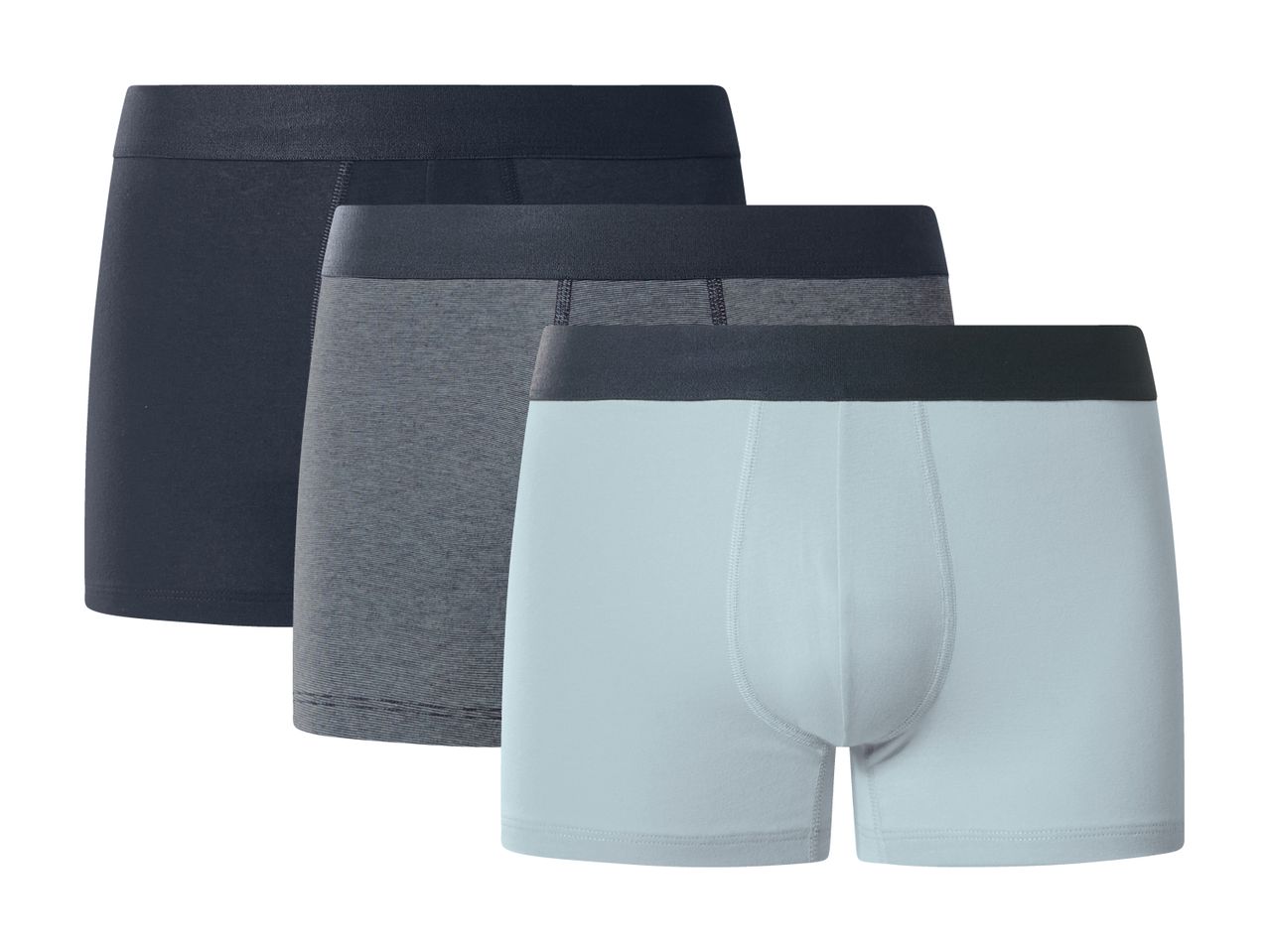 Three men's boxer shorts in dark blue, striped grey, and light blue.