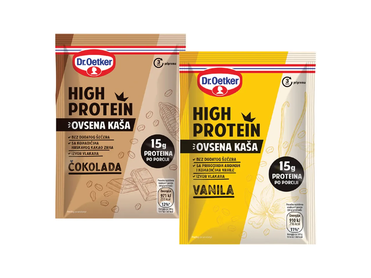Dva pakovanja Dr. Oetker High Protein ovsene kaše, čokolada i vanila.