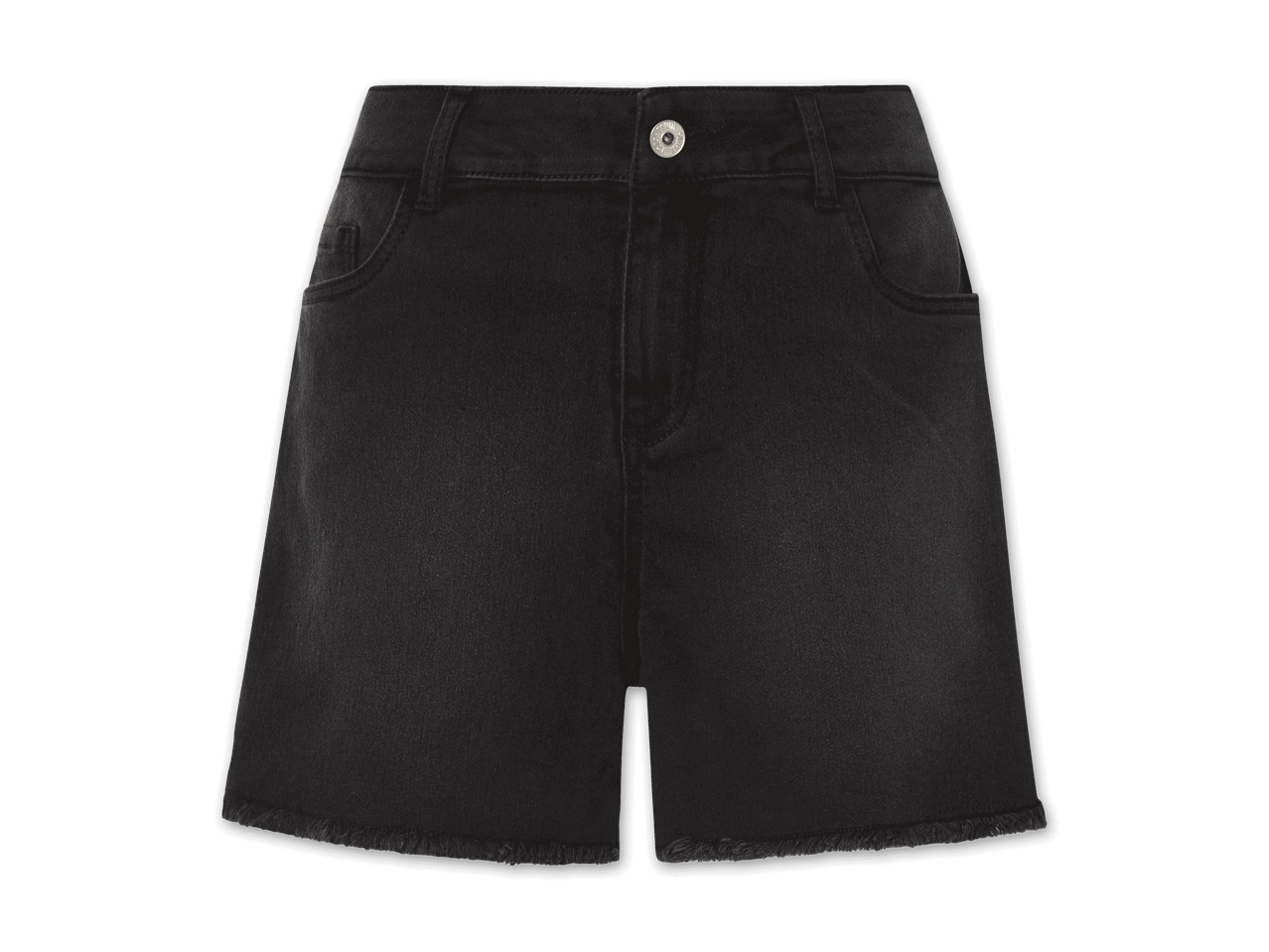 Schwarze Denim-Shorts mit Fransenabschluss.