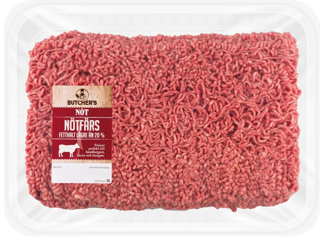 Förpackning med nötfärs från Butcher's, märkt med 'NÖTFÄRS FETTHALT LÄGRE ÄN 20%'.