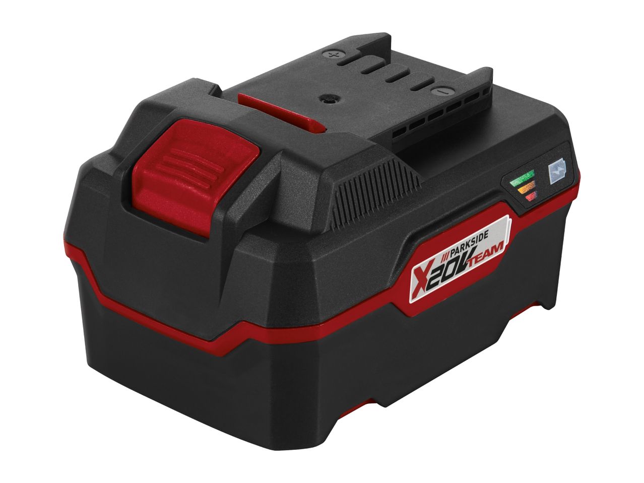 Black and red power tool battery with a charge indicator