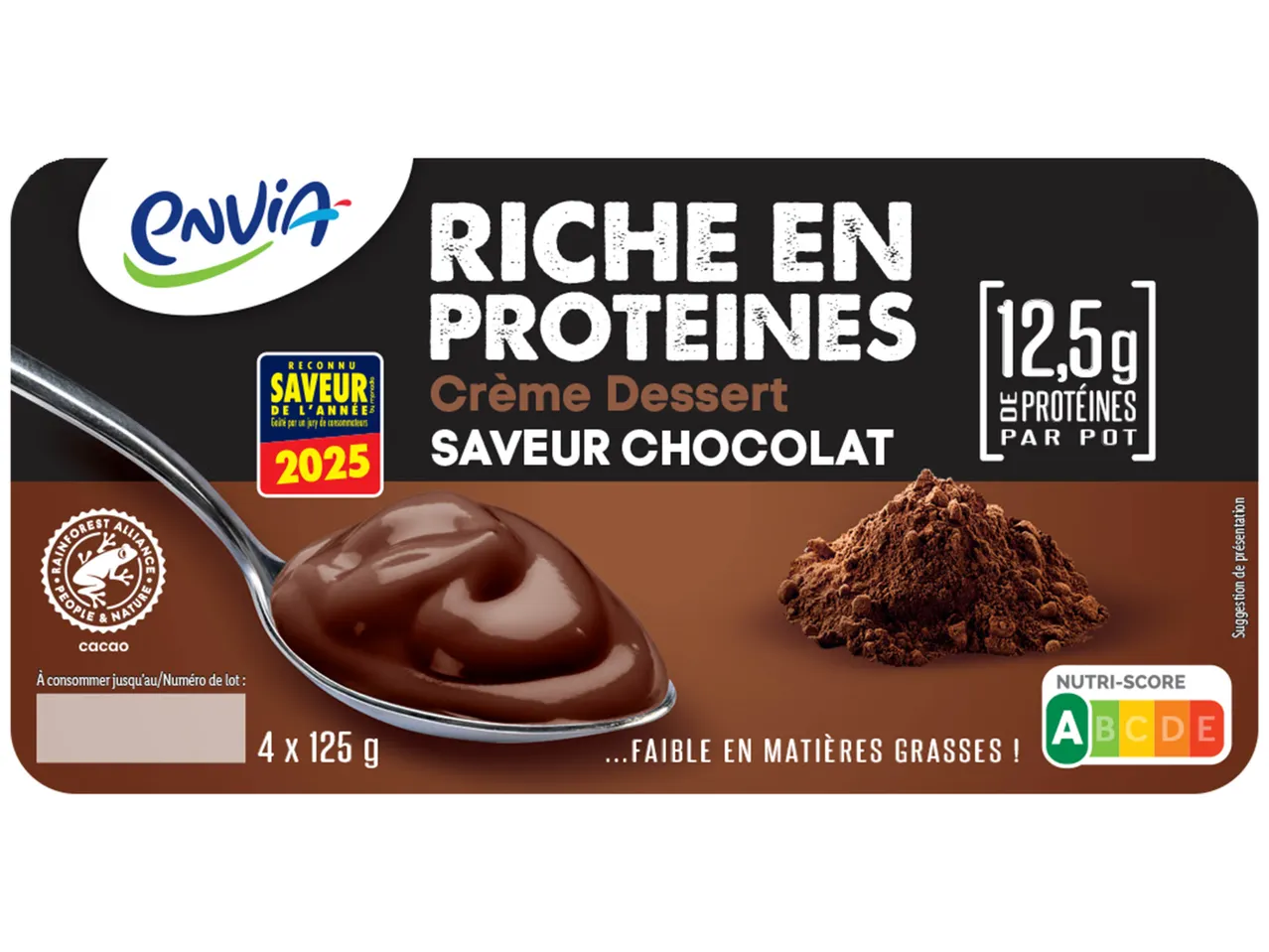 Envia Crème Dessert chocolat riche en protéines (12,5g par pot).
