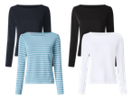 Štiri ženske majice z dolgimi rokavi: dve črni, ena bela in ena modra s črtami.