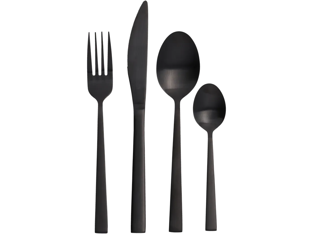 Silvercrest® juodų stalo įrankių rinkinys: šakutė, peilis ir du šaukštai.
