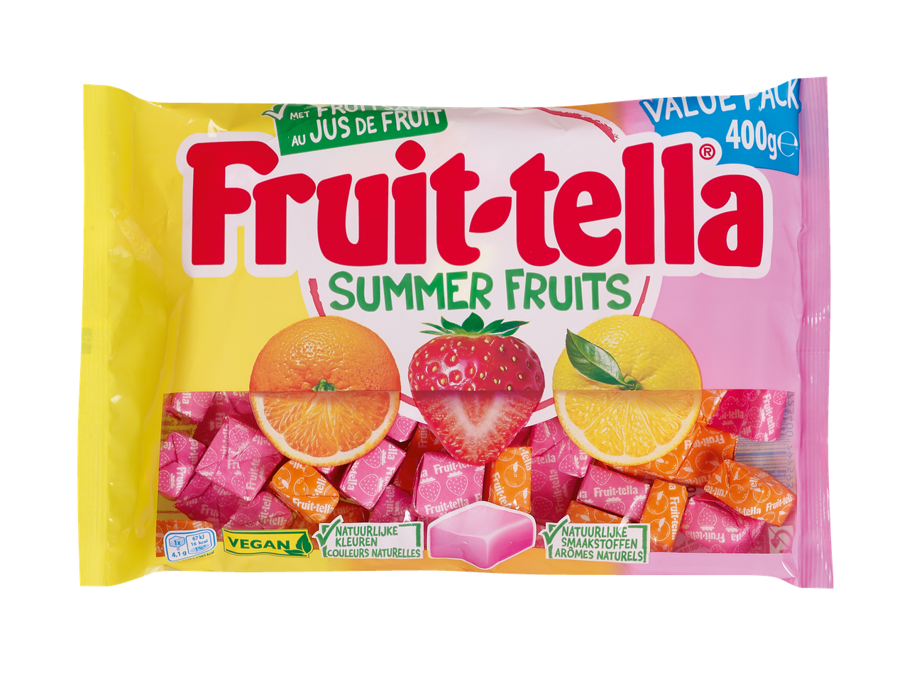 Sachet de bonbons Fruit-tella Fruits d'été aux saveurs orange, fraise et citron.
