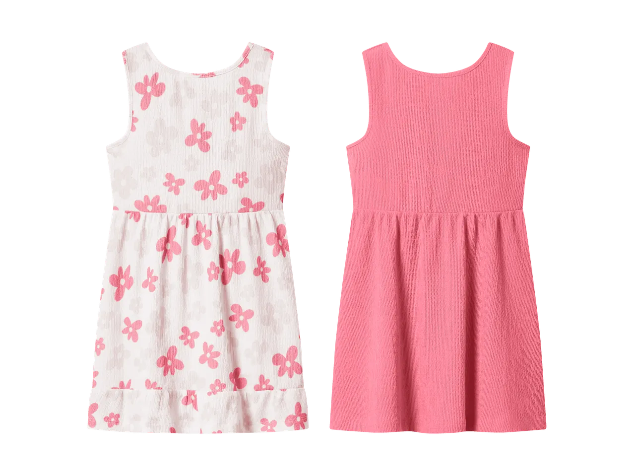 Deux robes sans manches pour enfants : une blanche à fleurs roses, l'autre rose.