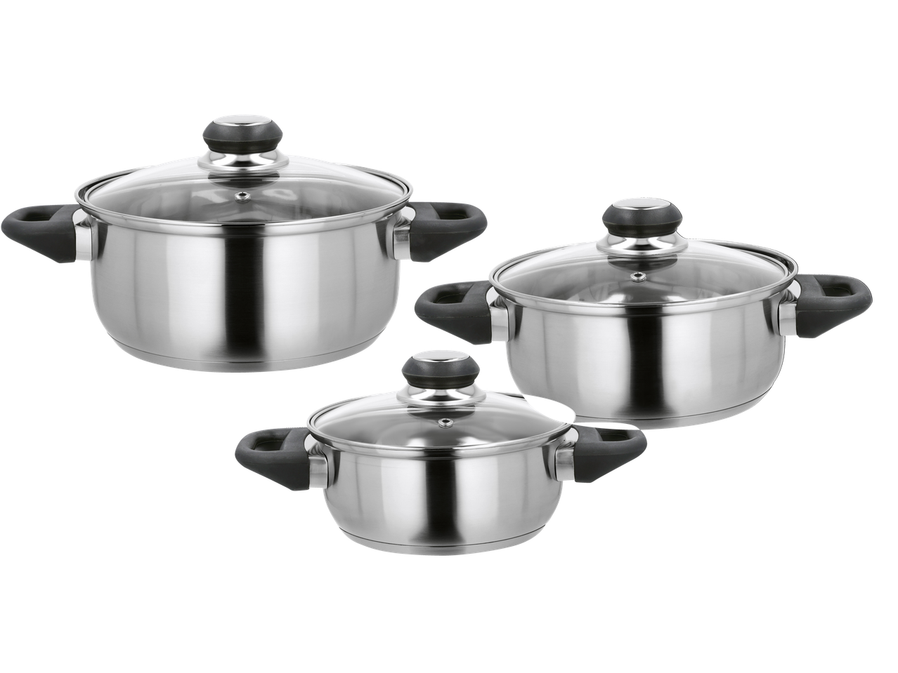 Três Silvercrest Mini-riskoger, panelas de aço inoxidável com tampas de vidro.