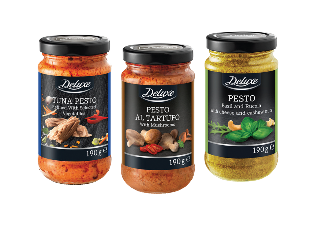 Tri teglice pesta: pesto od tunjevine, pesto sa tartufima i pesto sa bosiljkom i rukolom.